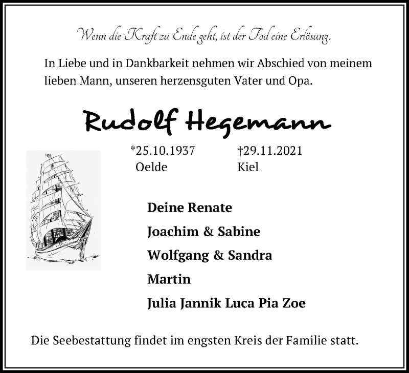  Traueranzeige für Rudolf Hegemann vom 07.12.2021 aus Kieler Nachrichten