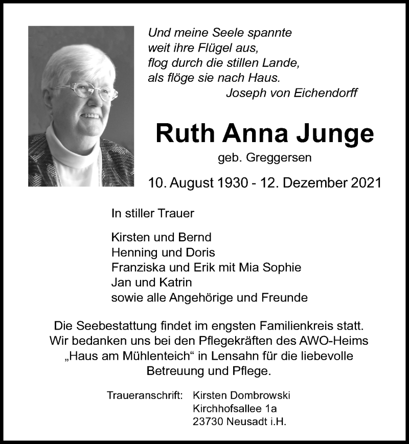 Traueranzeigen Von Ruth Anna Junge | Trauer-anzeigen.de