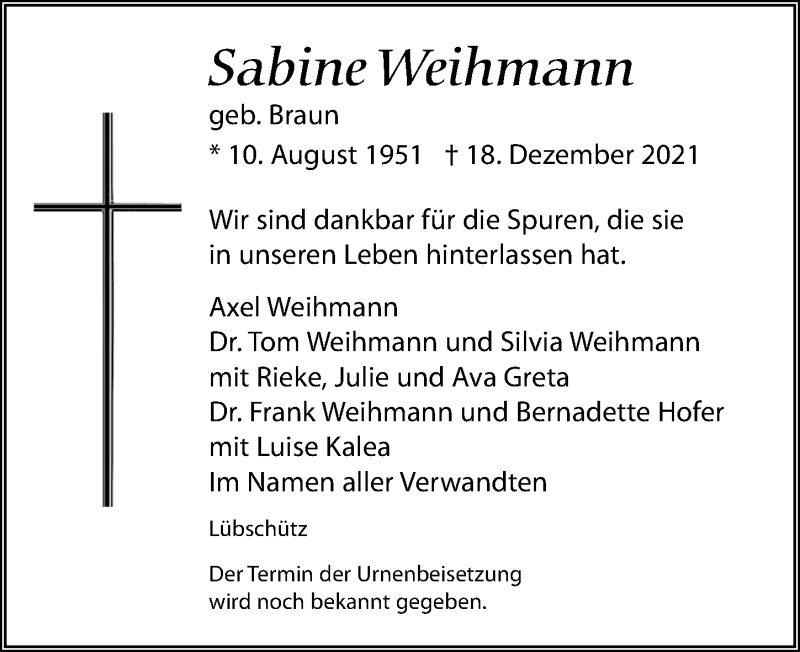  Traueranzeige für Sabine Weihmann vom 24.12.2021 aus Leipziger Volkszeitung