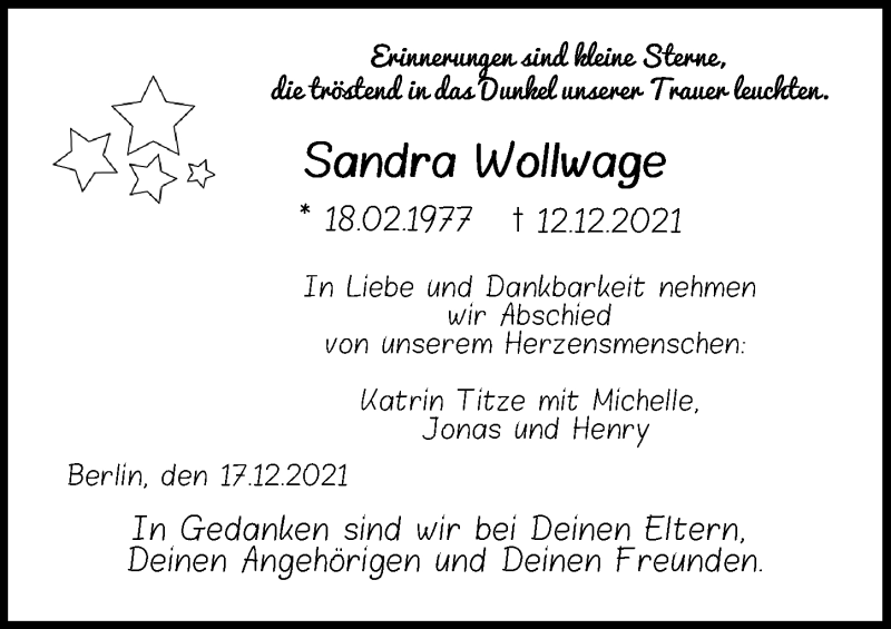  Traueranzeige für Sandra Wollwage vom 18.12.2021 aus Ostsee-Zeitung GmbH