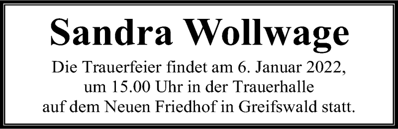  Traueranzeige für Sandra Wollwage vom 31.12.2021 aus Ostsee-Zeitung GmbH