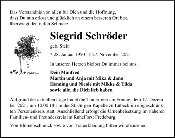 Traueranzeige von Siegrid Schröder von Lübecker Nachrichten