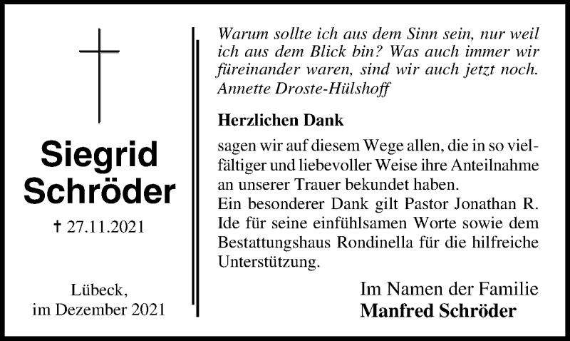  Traueranzeige für Siegrid Schröder vom 19.12.2021 aus Lübecker Nachrichten