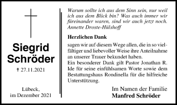 Traueranzeige von Siegrid Schröder von Lübecker Nachrichten
