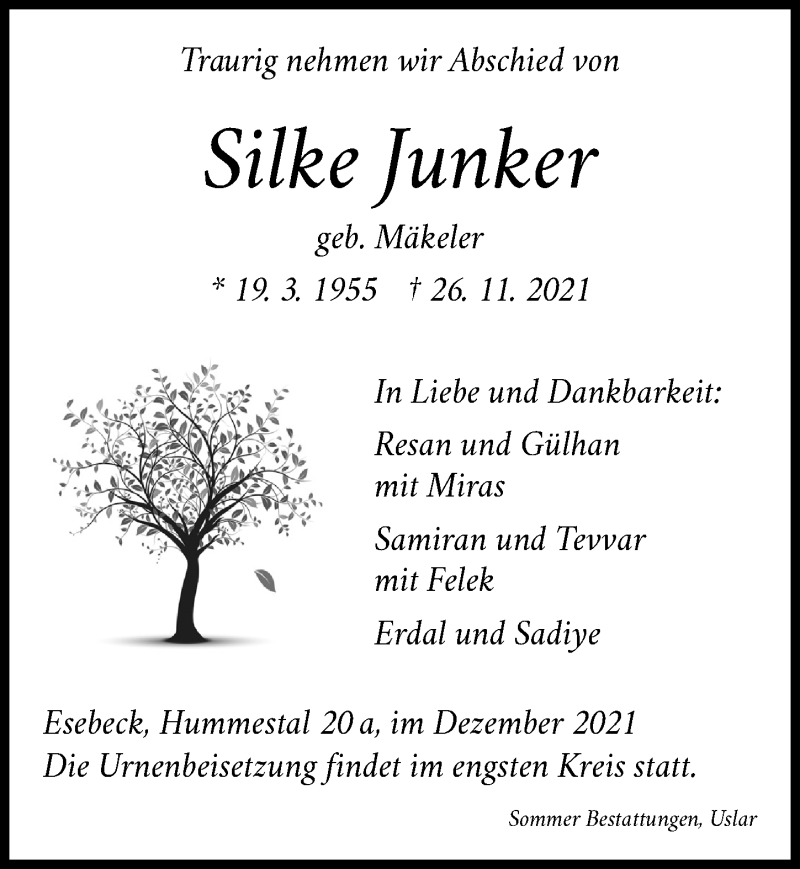  Traueranzeige für Silke Junker vom 04.12.2021 aus Göttinger Tageblatt