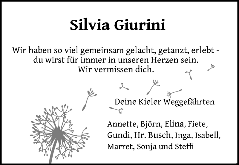  Traueranzeige für Silvia Giurini vom 31.12.2021 aus Kieler Nachrichten