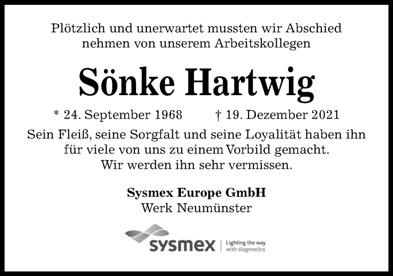  Traueranzeige für Sönke Hartwig vom 31.12.2021 aus Kieler Nachrichten