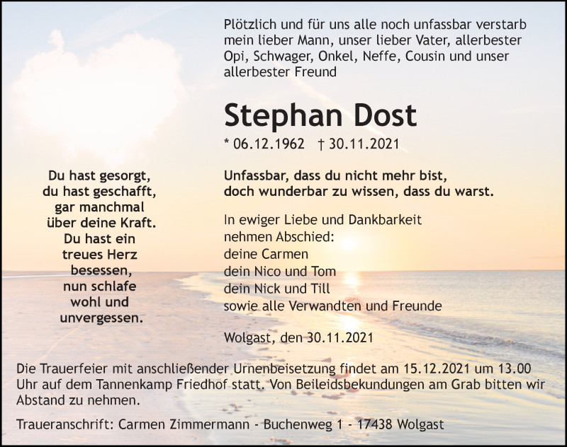  Traueranzeige für Stephan Dost vom 04.12.2021 aus Ostsee-Zeitung GmbH