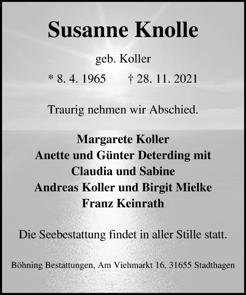  Traueranzeige für Susanne Knolle vom 04.12.2021 aus Schaumburger Nachrichten
