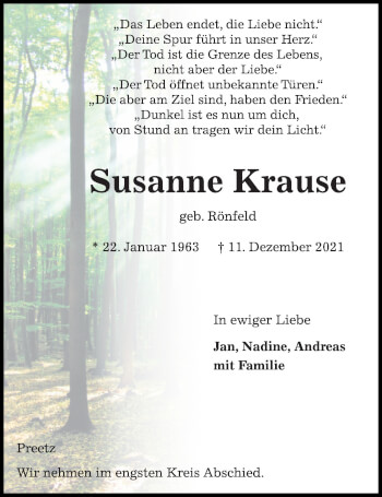 Traueranzeige von Susanne Krause von Kieler Nachrichten