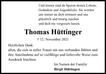 Traueranzeige von Thomas Hüttinger von Kieler Nachrichten