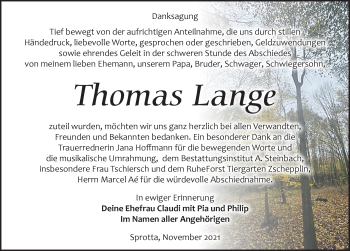 Traueranzeige von Thomas Lange von Leipziger Volkszeitung