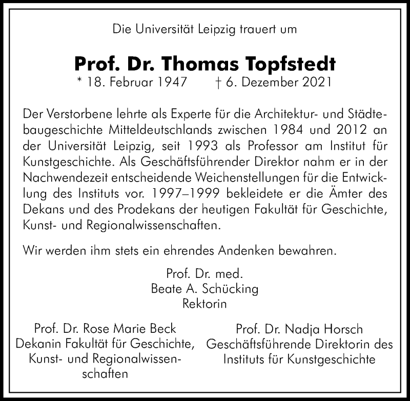  Traueranzeige für Thomas Topfstedt vom 18.12.2021 aus Leipziger Volkszeitung
