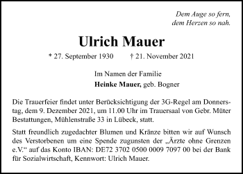 Traueranzeige von Ulrich Mauer von Lübecker Nachrichten