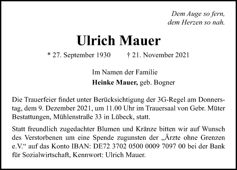  Traueranzeige für Ulrich Mauer vom 05.12.2021 aus Lübecker Nachrichten