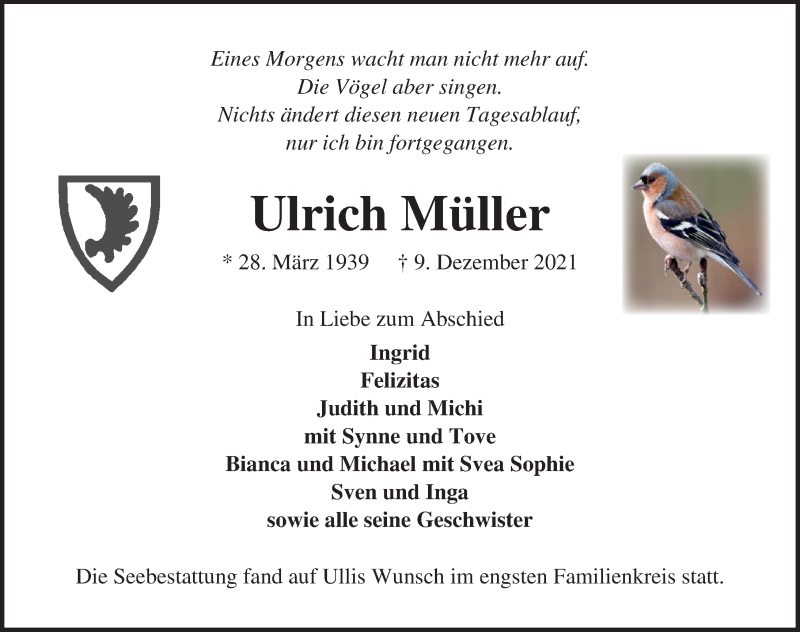  Traueranzeige für Ulrich Müller vom 25.12.2021 aus Lübecker Nachrichten