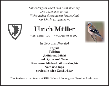 Traueranzeige von Ulrich Müller von Lübecker Nachrichten