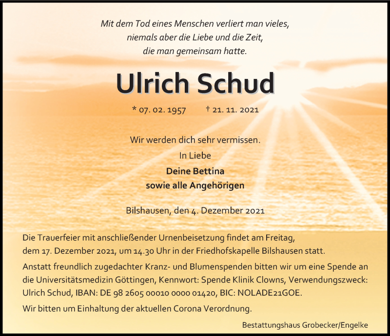  Traueranzeige für Ulrich Schud vom 04.12.2021 aus Göttinger Tageblatt