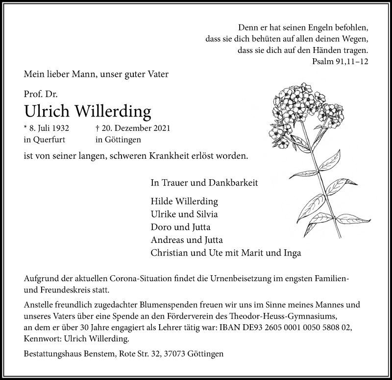 Traueranzeige für Ulrich Willerding vom 24.12.2021 aus Göttinger Tageblatt
