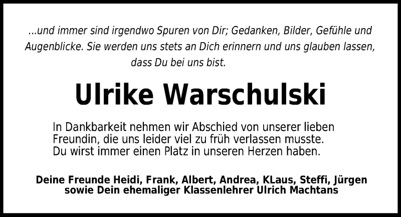  Traueranzeige für Ulrike Warschulski vom 05.12.2021 aus Lübecker Nachrichten