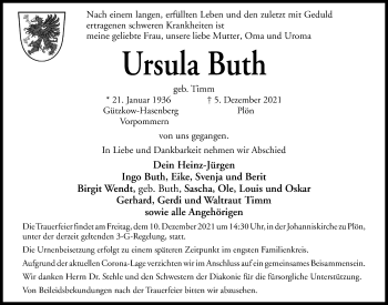 Traueranzeige von Ursula Buth von Kieler Nachrichten