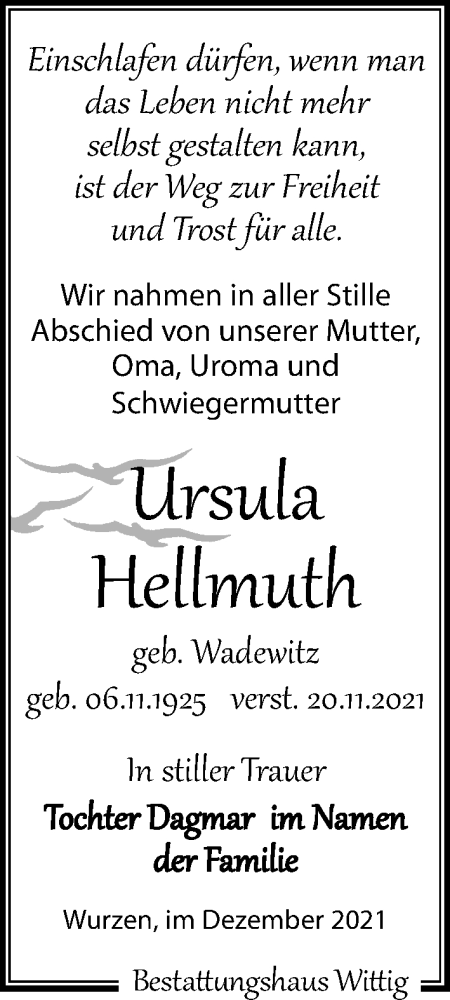  Traueranzeige für Ursula Hellmuth vom 11.12.2021 aus Leipziger Volkszeitung