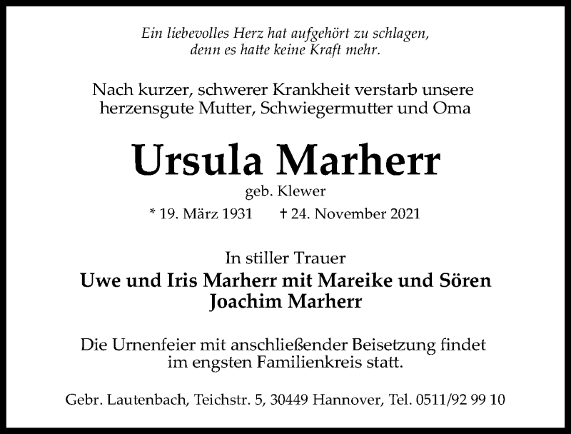  Traueranzeige für Ursula Marherr vom 18.12.2021 aus Hannoversche Allgemeine Zeitung/Neue Presse