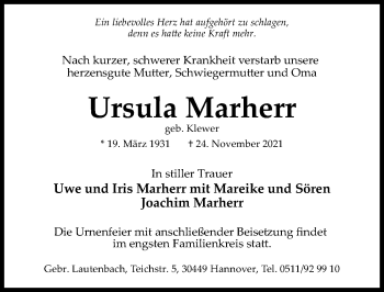 Traueranzeige von Ursula Marherr von Hannoversche Allgemeine Zeitung/Neue Presse