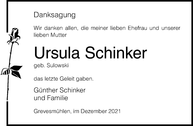  Traueranzeige für Ursula Schinker vom 22.12.2021 aus Ostsee-Zeitung GmbH