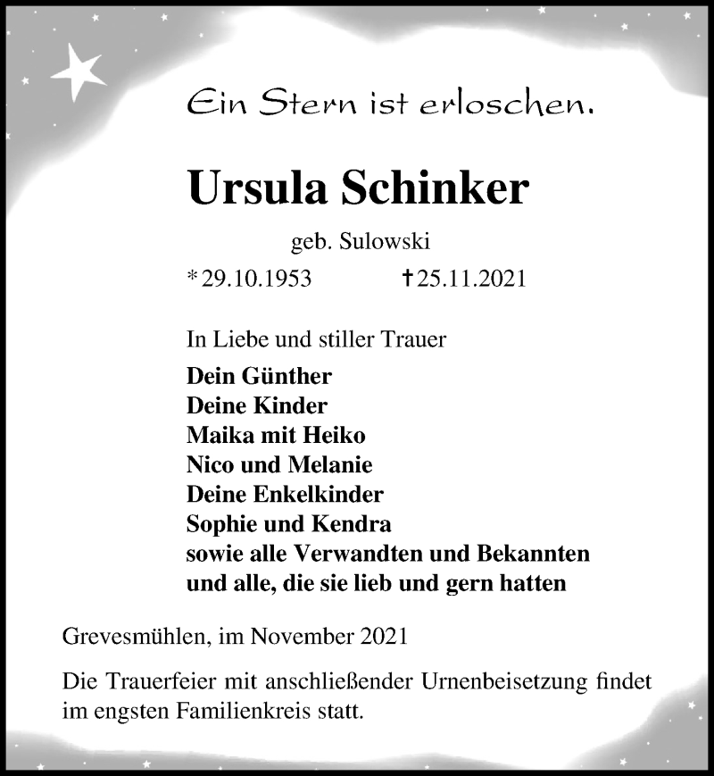  Traueranzeige für Ursula Schinker vom 01.12.2021 aus Ostsee-Zeitung GmbH
