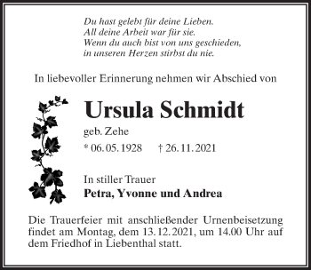 Traueranzeige von Ursula Schmidt von Märkischen Allgemeine Zeitung