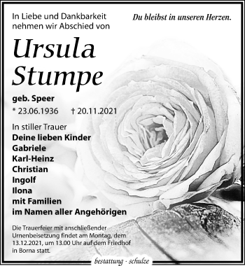 Traueranzeige von Ursula Stumpe von Leipziger Volkszeitung