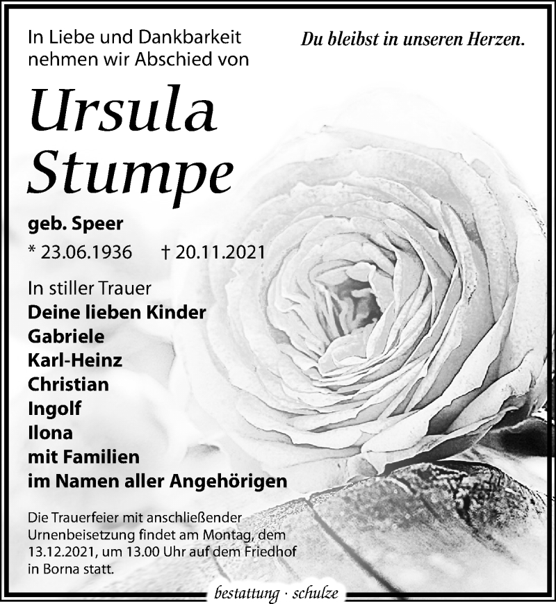  Traueranzeige für Ursula Stumpe vom 04.12.2021 aus Leipziger Volkszeitung