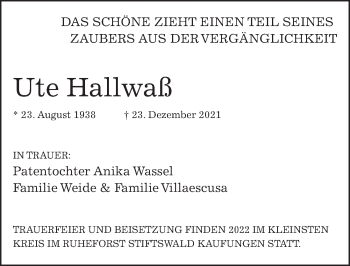 Traueranzeige von Ute Hallwaß von Göttinger Tageblatt