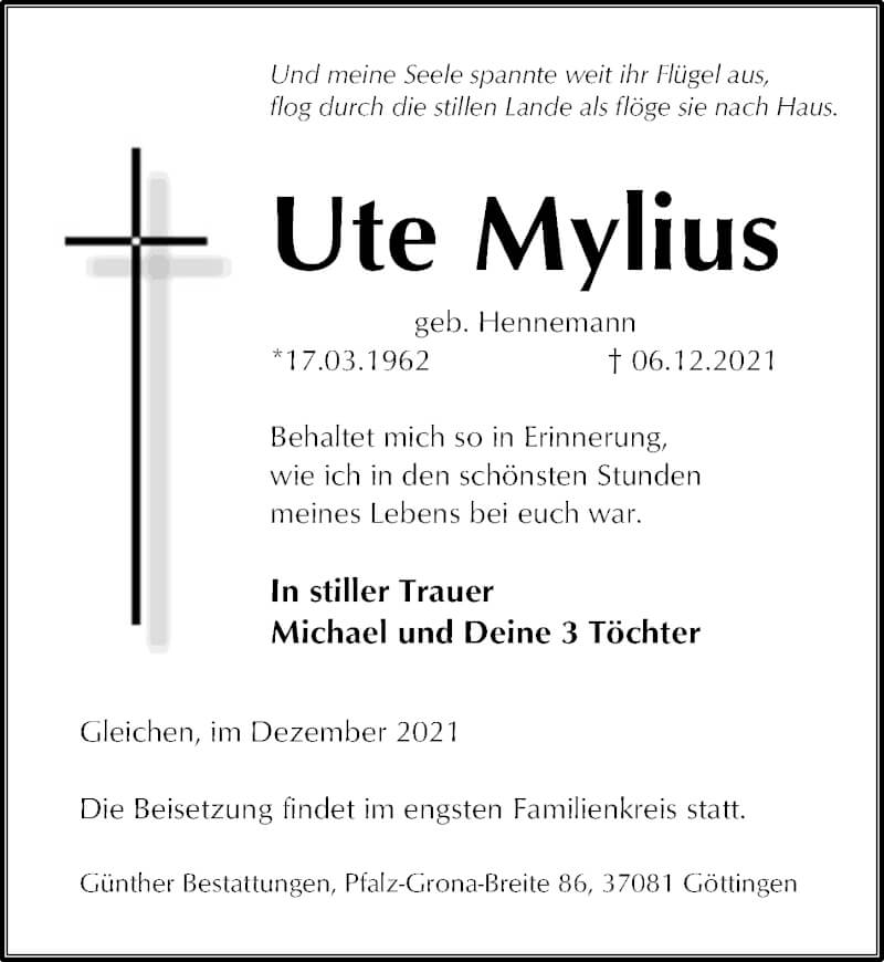  Traueranzeige für Ute Mylius vom 11.12.2021 aus Göttinger Tageblatt