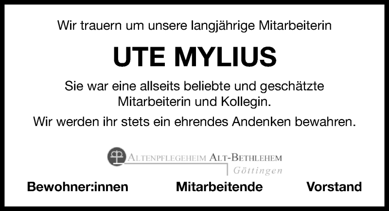  Traueranzeige für Ute Mylius vom 18.12.2021 aus Göttinger Tageblatt