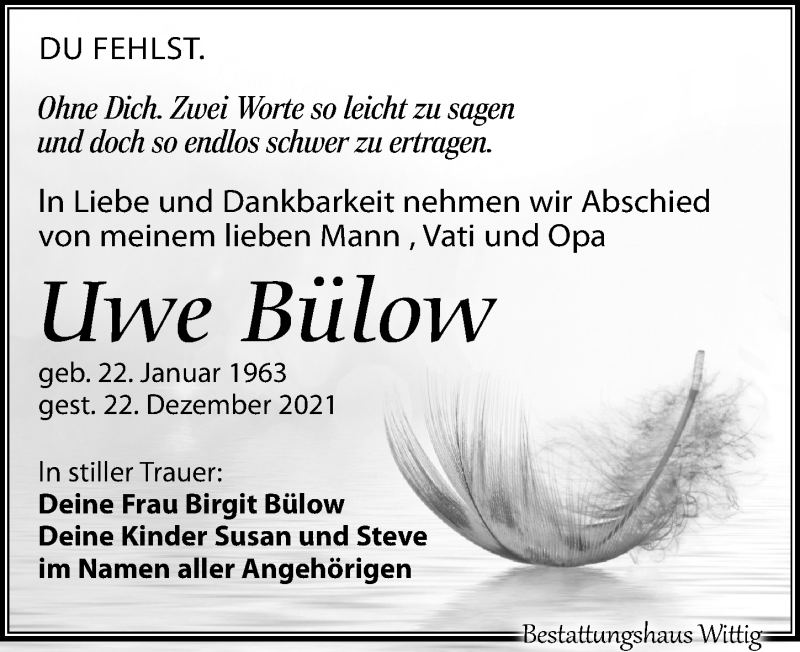  Traueranzeige für Uwe Bülow vom 31.12.2021 aus Leipziger Volkszeitung