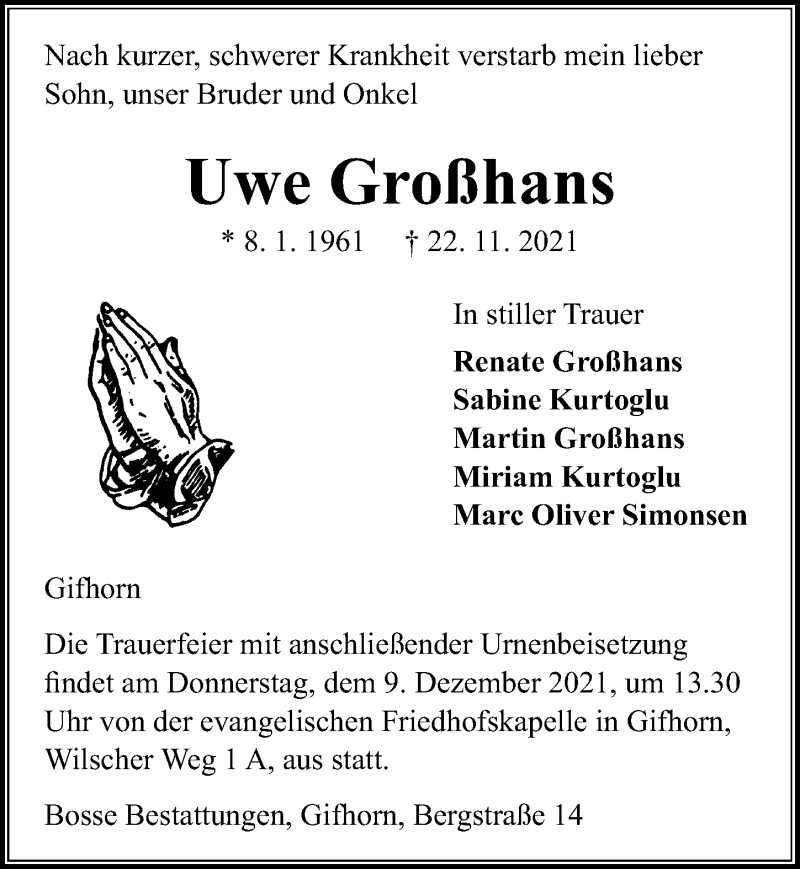  Traueranzeige für Uwe Großhans vom 03.12.2021 aus Aller Zeitung