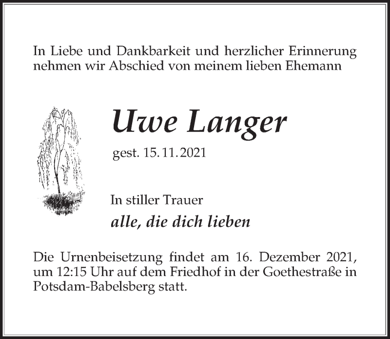  Traueranzeige für Uwe Langer vom 04.12.2021 aus Märkischen Allgemeine Zeitung