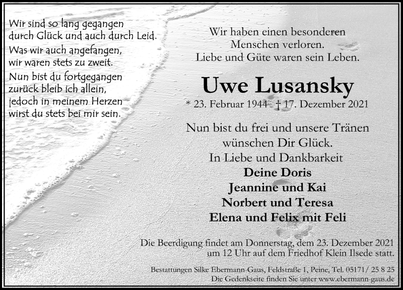  Traueranzeige für Uwe Lusansky vom 22.12.2021 aus Peiner Allgemeine Zeitung