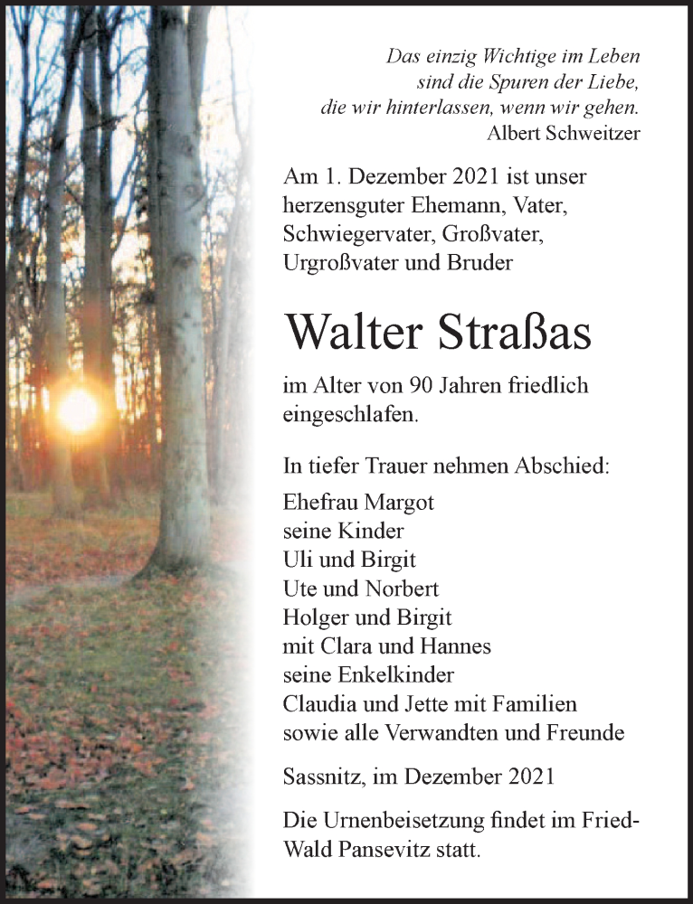  Traueranzeige für Walter Straßas vom 04.12.2021 aus Ostsee-Zeitung GmbH