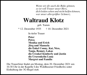 Traueranzeige von Waltraud Klotz von Lübecker Nachrichten