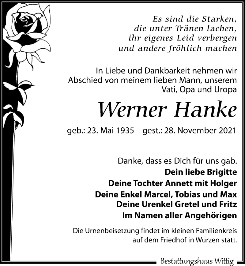  Traueranzeige für Werner Hanke vom 11.12.2021 aus Leipziger Volkszeitung