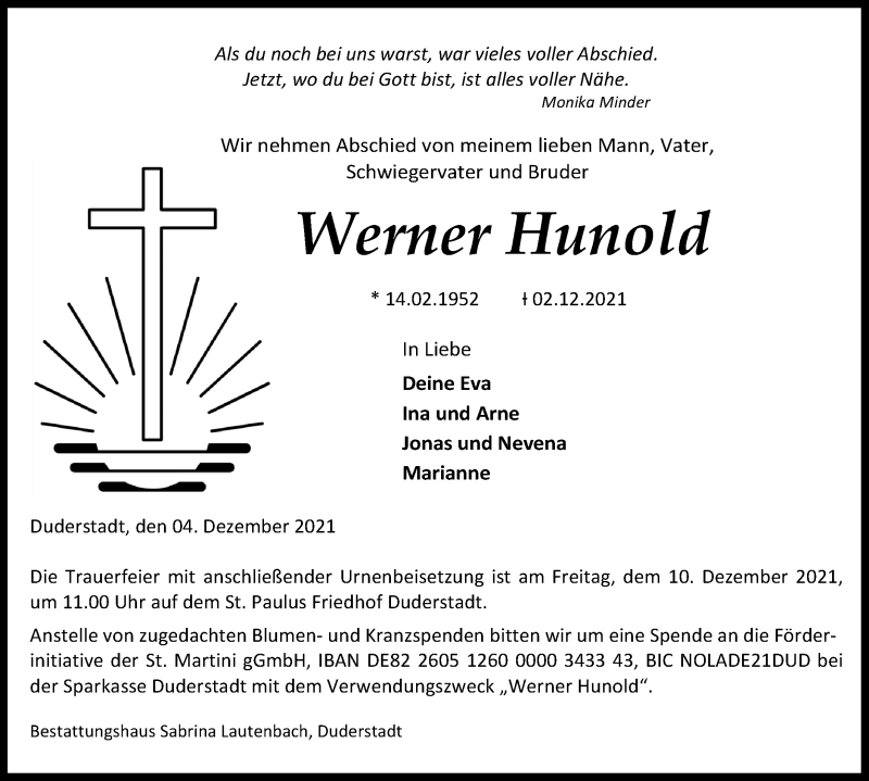  Traueranzeige für Werner HUnold vom 04.12.2021 aus Göttinger Tageblatt