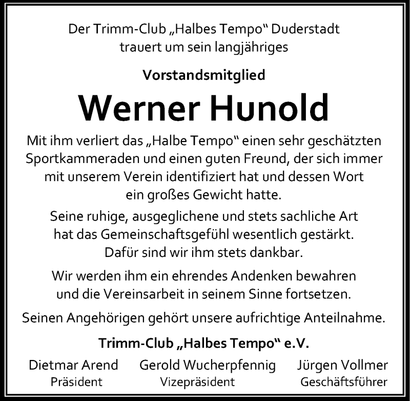  Traueranzeige für Werner HUnold vom 09.12.2021 aus Eichsfelder Tageblatt