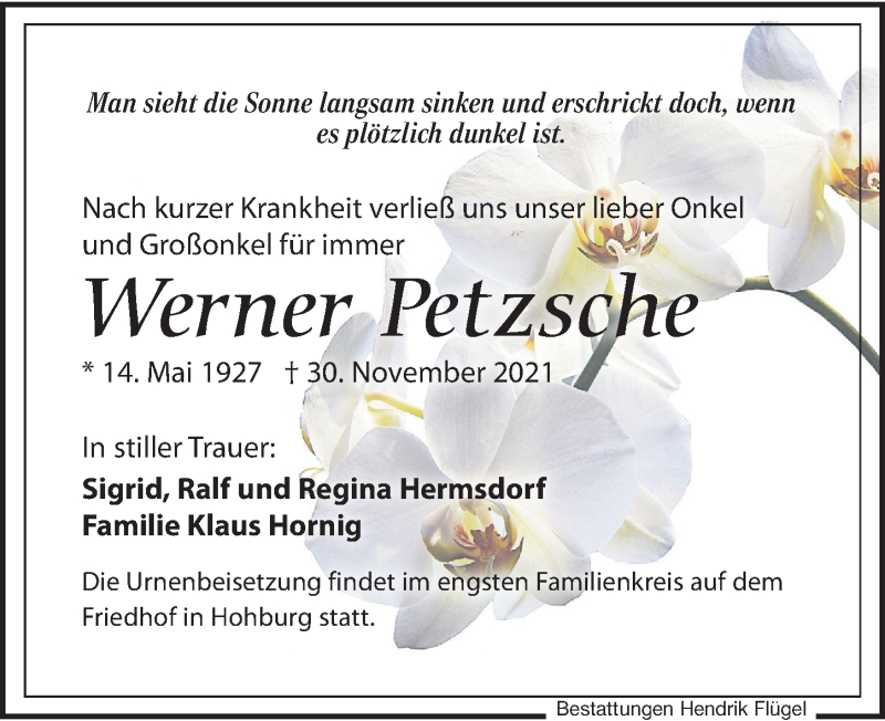  Traueranzeige für Werner Petzsche vom 11.12.2021 aus Leipziger Volkszeitung