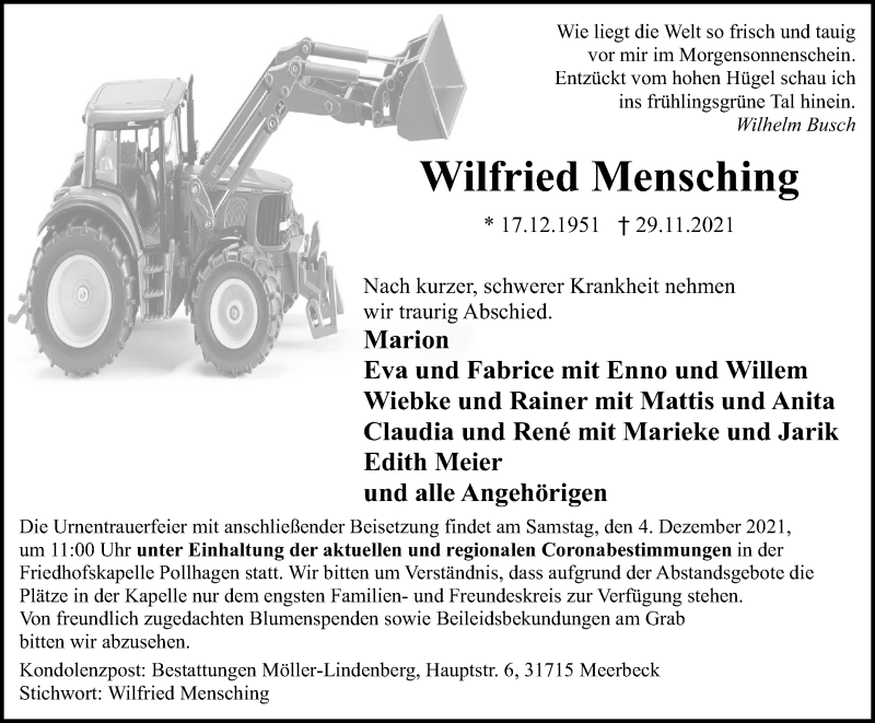  Traueranzeige für Wilfried Mensching vom 02.12.2021 aus Schaumburger Nachrichten