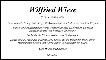 Traueranzeige von Wilfried Wiese von Kieler Nachrichten