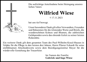 Traueranzeige von Wilfried Wiese von Aller Zeitung