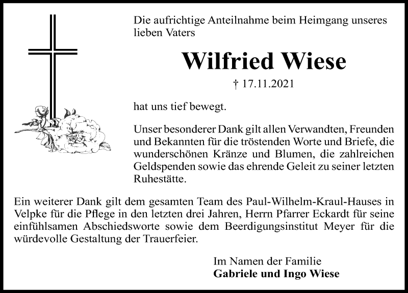  Traueranzeige für Wilfried Wiese vom 18.12.2021 aus Aller Zeitung